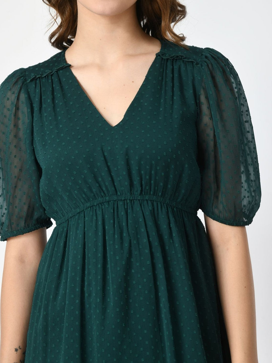 Women V-Neck Puff Sleeve Fit & Flare Dress