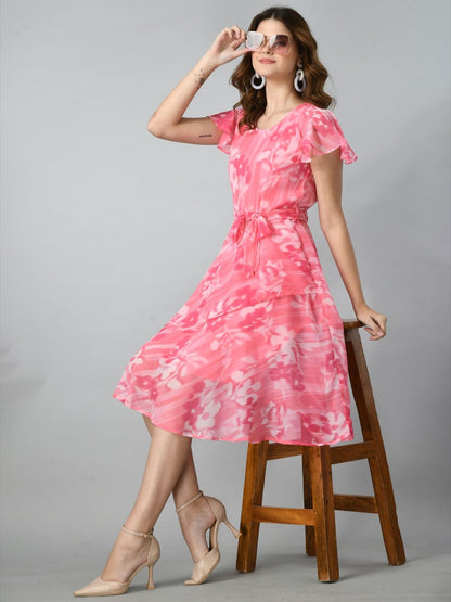 Women Fit & Flare Round Neck Flutter Sleeves Dress