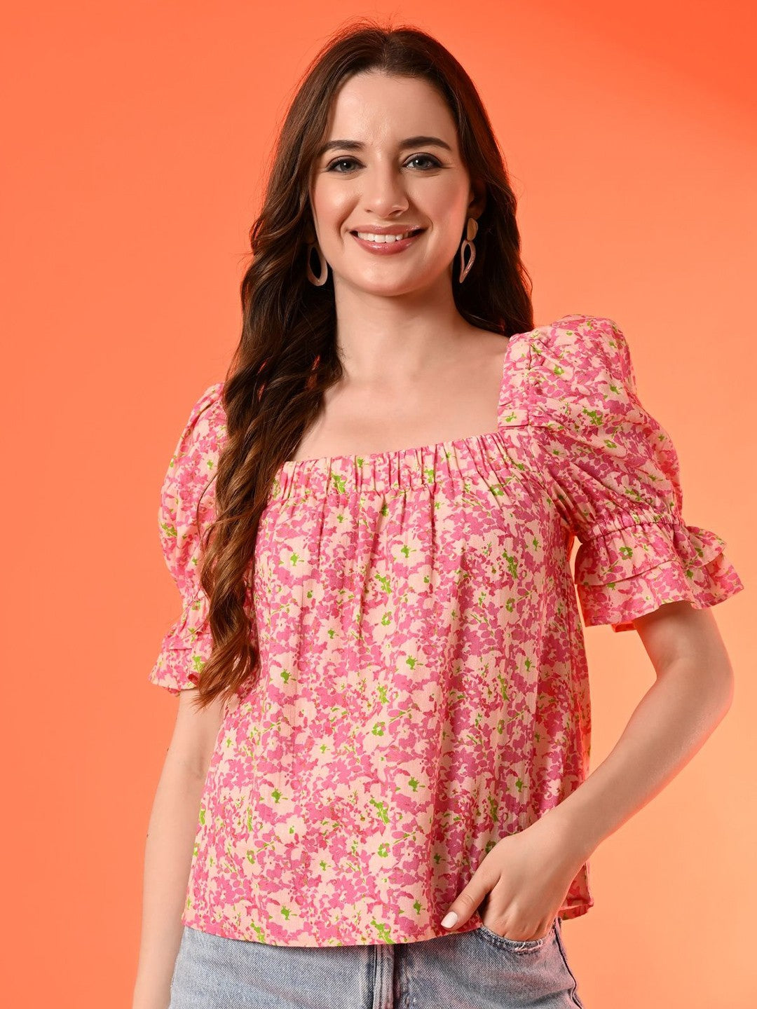 Floral Printed Puff Sleeve Cotton Top