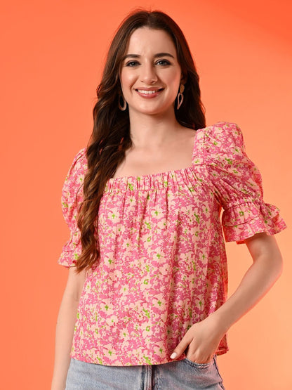 Floral Printed Puff Sleeve Cotton Top
