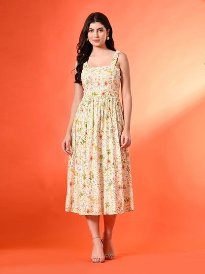 Women Cotton Floral Printed Fit & Flare Midi Dress