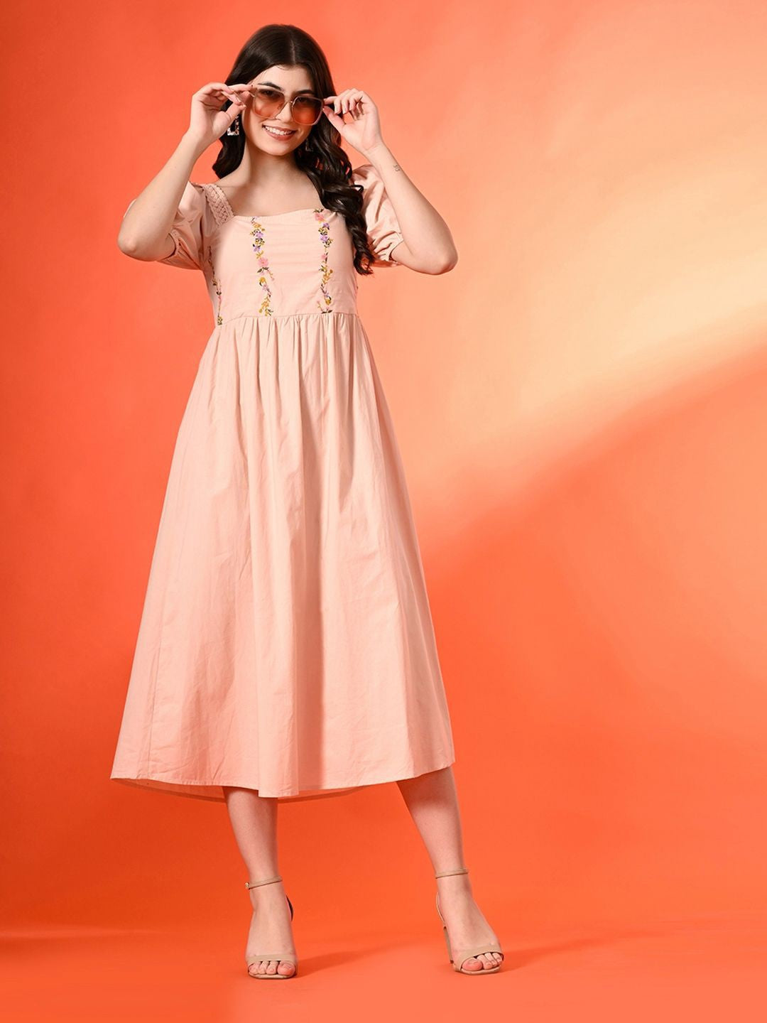 Women Cotton Embroidered Halter Neck Fit & Flare Midi Dress
