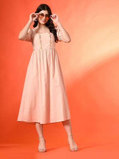 Women Cotton Embroidered Halter Neck Fit & Flare Midi Dress