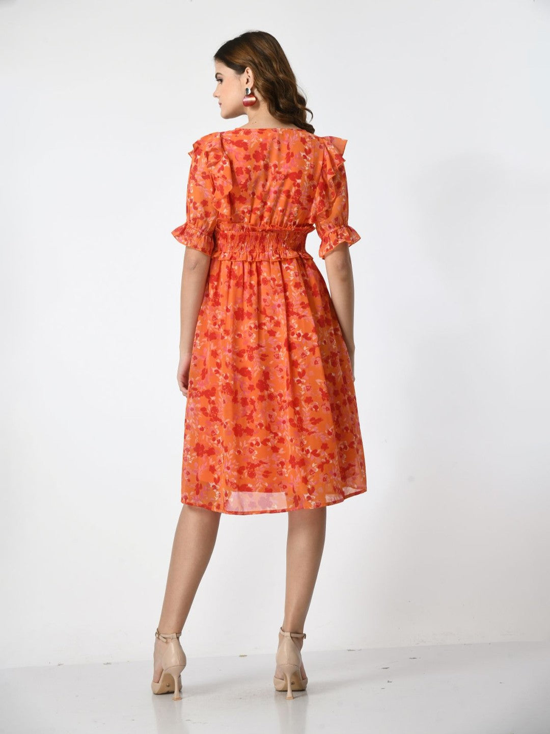 Women V-Neck Floral Printed Puff Sleeve Fit & Flare Dress