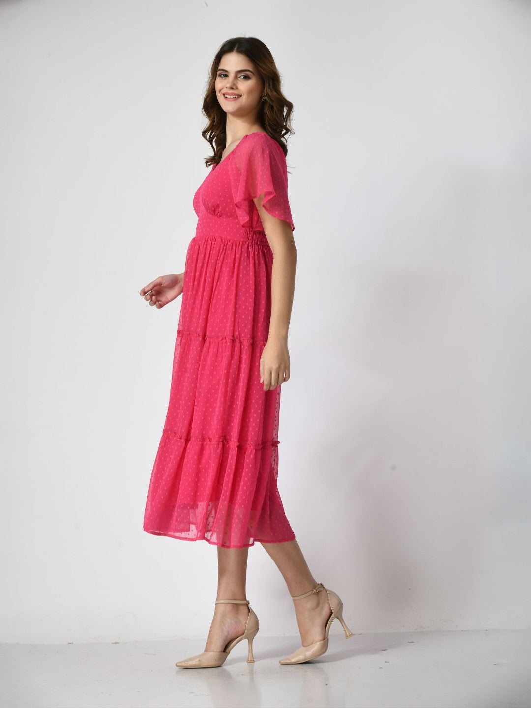 Women Flutter Sleeve Empire Midi Dress