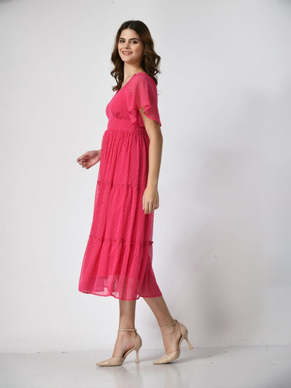 Women Flutter Sleeve Empire Midi Dress