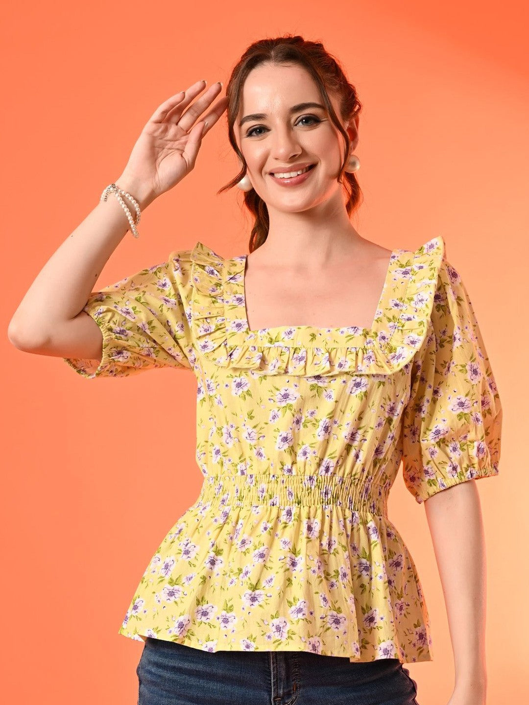 Womens Cotton Ditsy Floral Ruffle Neckline Popline Top