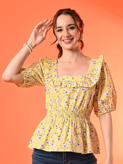 Womens Cotton Ditsy Floral Ruffle Neckline Popline Top