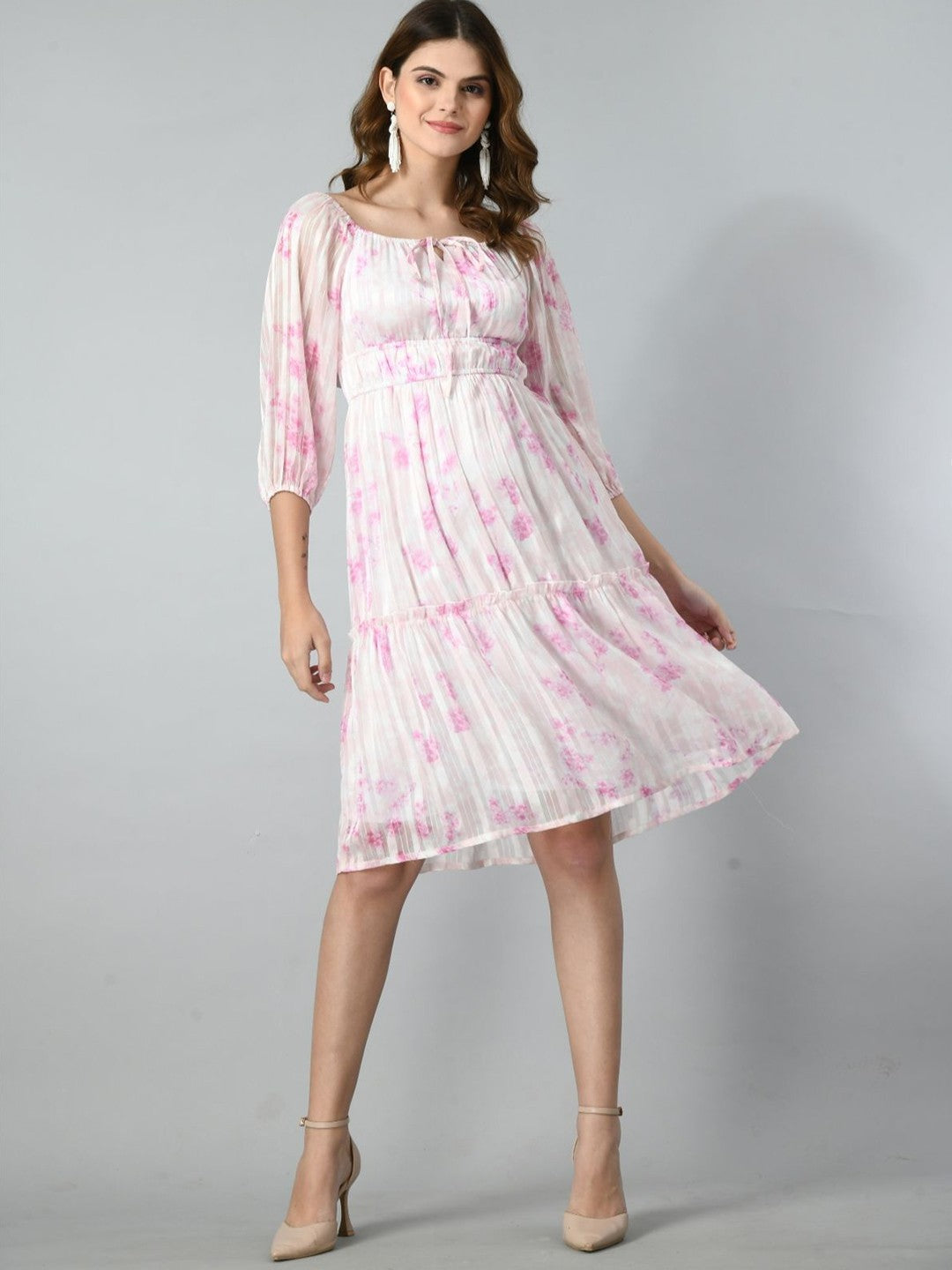 Women Floral Printed Tie-Up Neck A-Line Dress