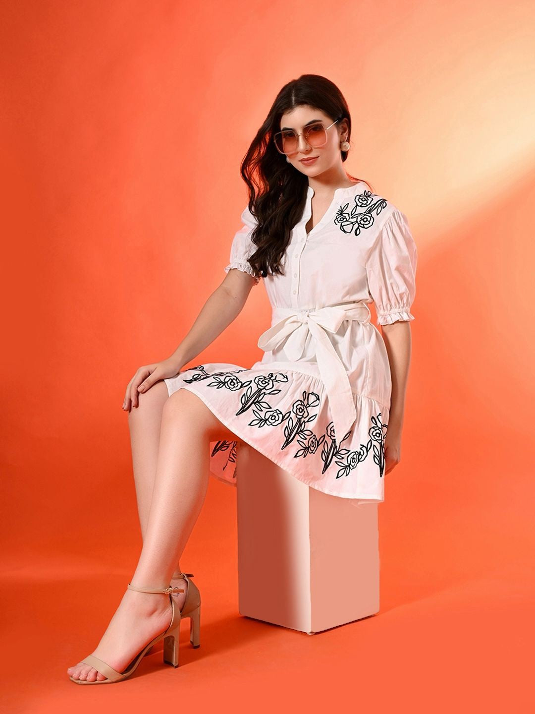 Women Cotton Mandarin Collar Above Knee Shirt Dress