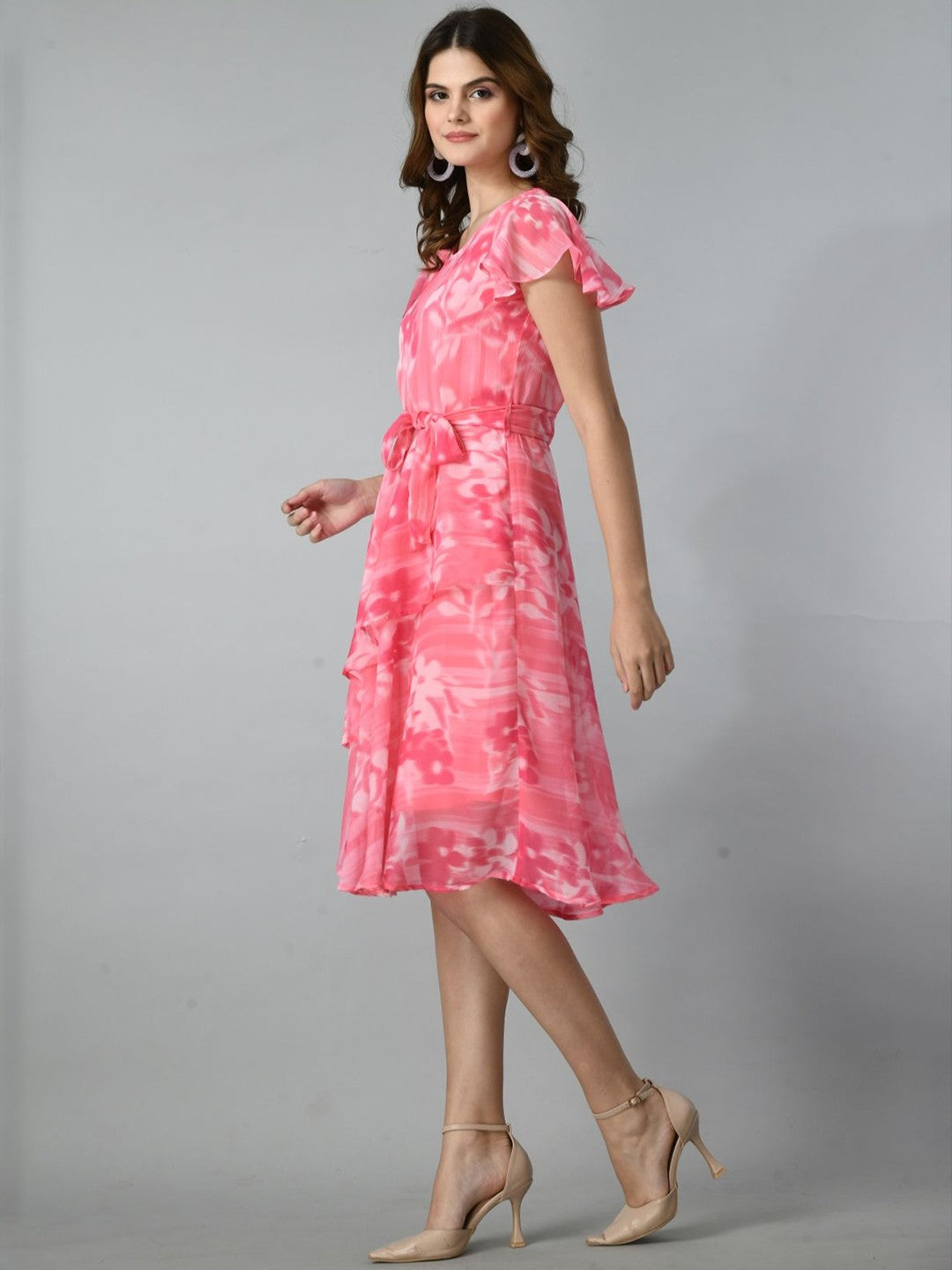 Women Fit & Flare Round Neck Flutter Sleeves Dress