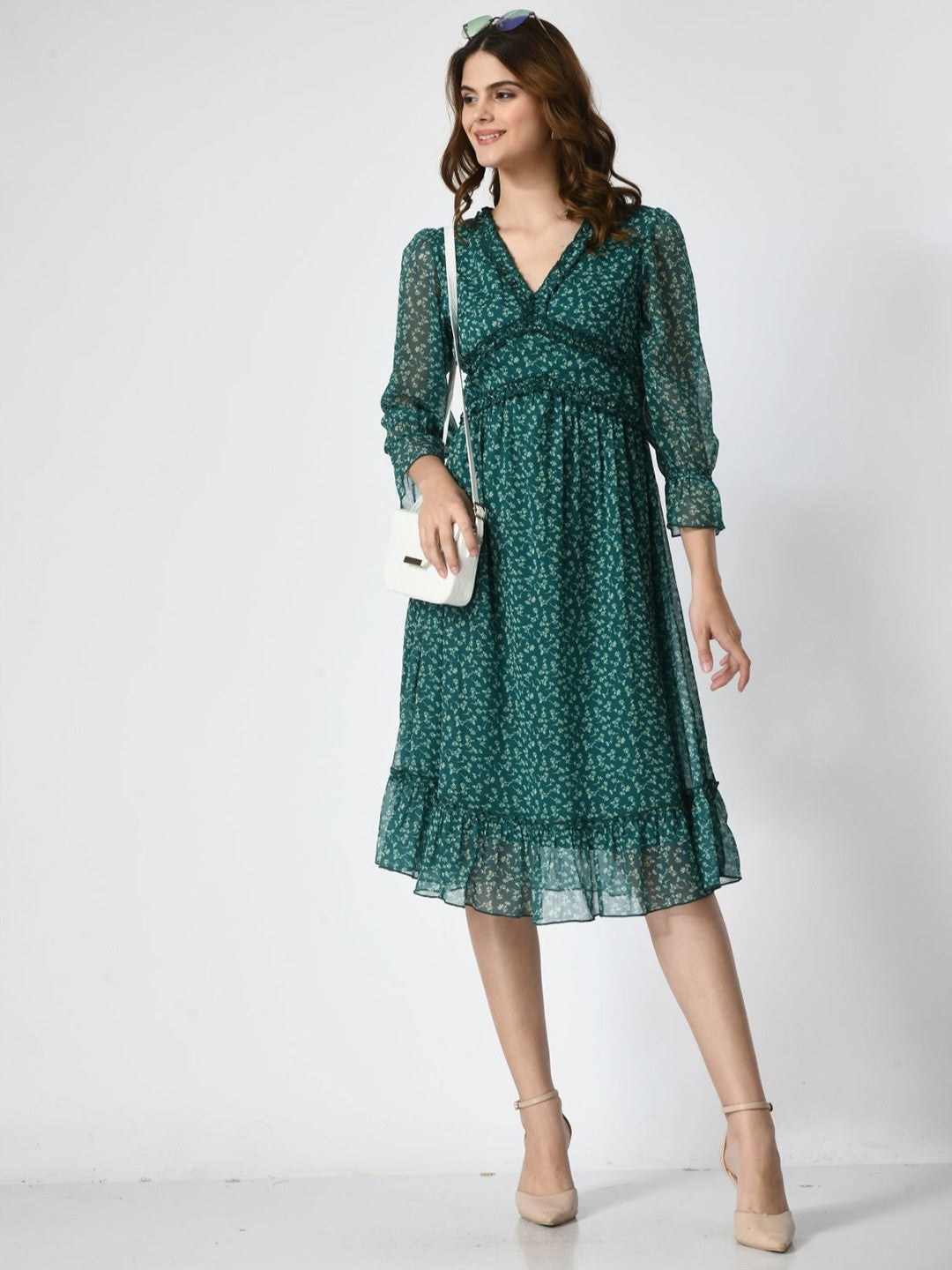 Printed Bell Sleeve Fit & Flare Dress