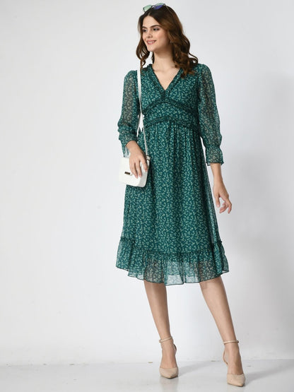 Printed Bell Sleeve Fit & Flare Dress