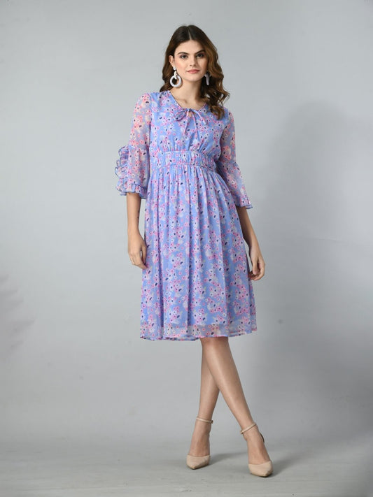 Women Floral Printed Bell Sleeve Fit & Flare Dress