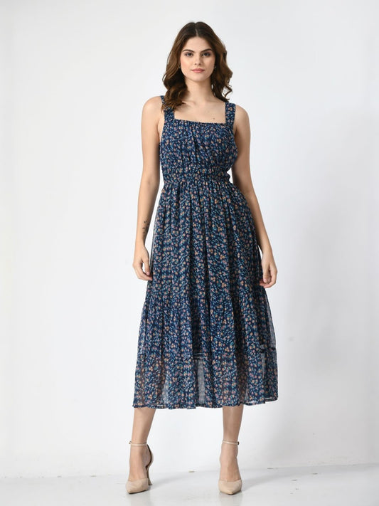 Women Floral Printed Shoulder Strap Midi Dress