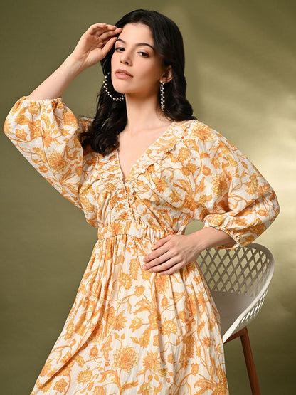 Floral Printed V-Neck Puff Sleeve Fit & Flare Mini Dress