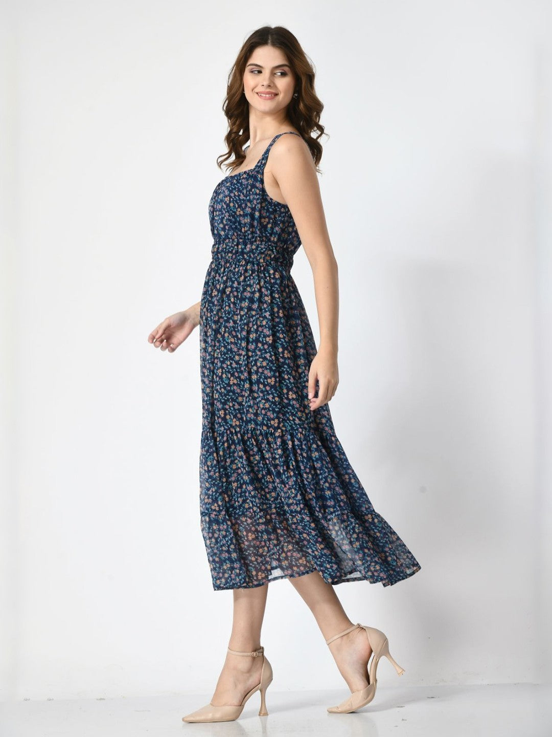 Women Floral Printed Shoulder Strap Midi Dress