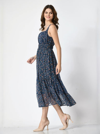 Women Floral Printed Shoulder Strap Midi Dress