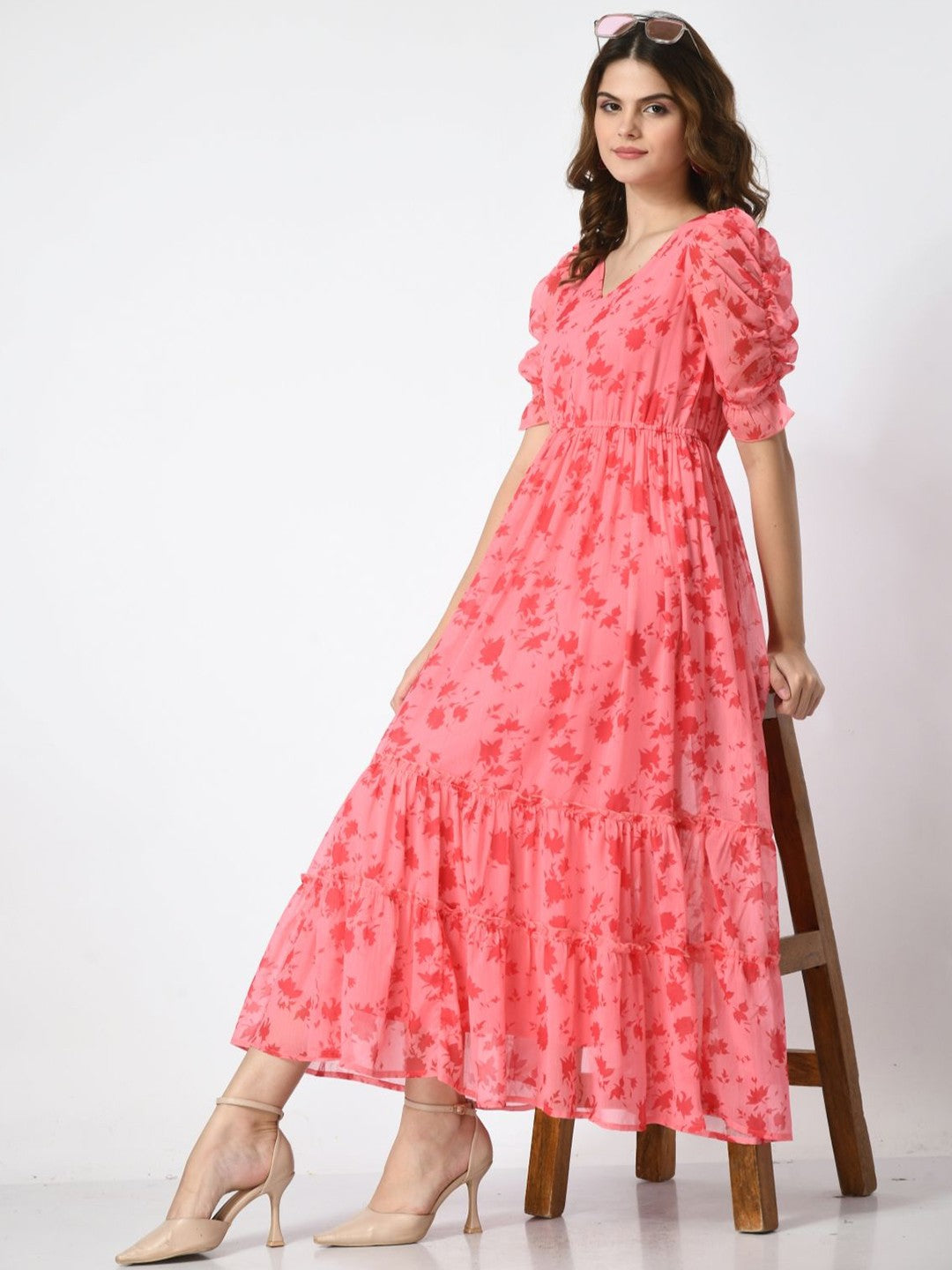 Women Floral Printed Puff Sleeve Empire Midi Dress