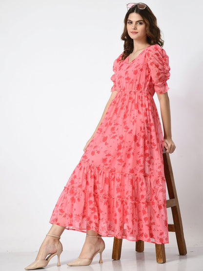 Women Floral Printed Puff Sleeve Empire Midi Dress