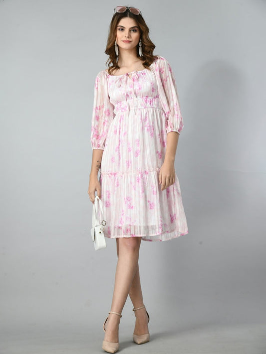 Women Floral Printed Tie-Up Neck A-Line Dress
