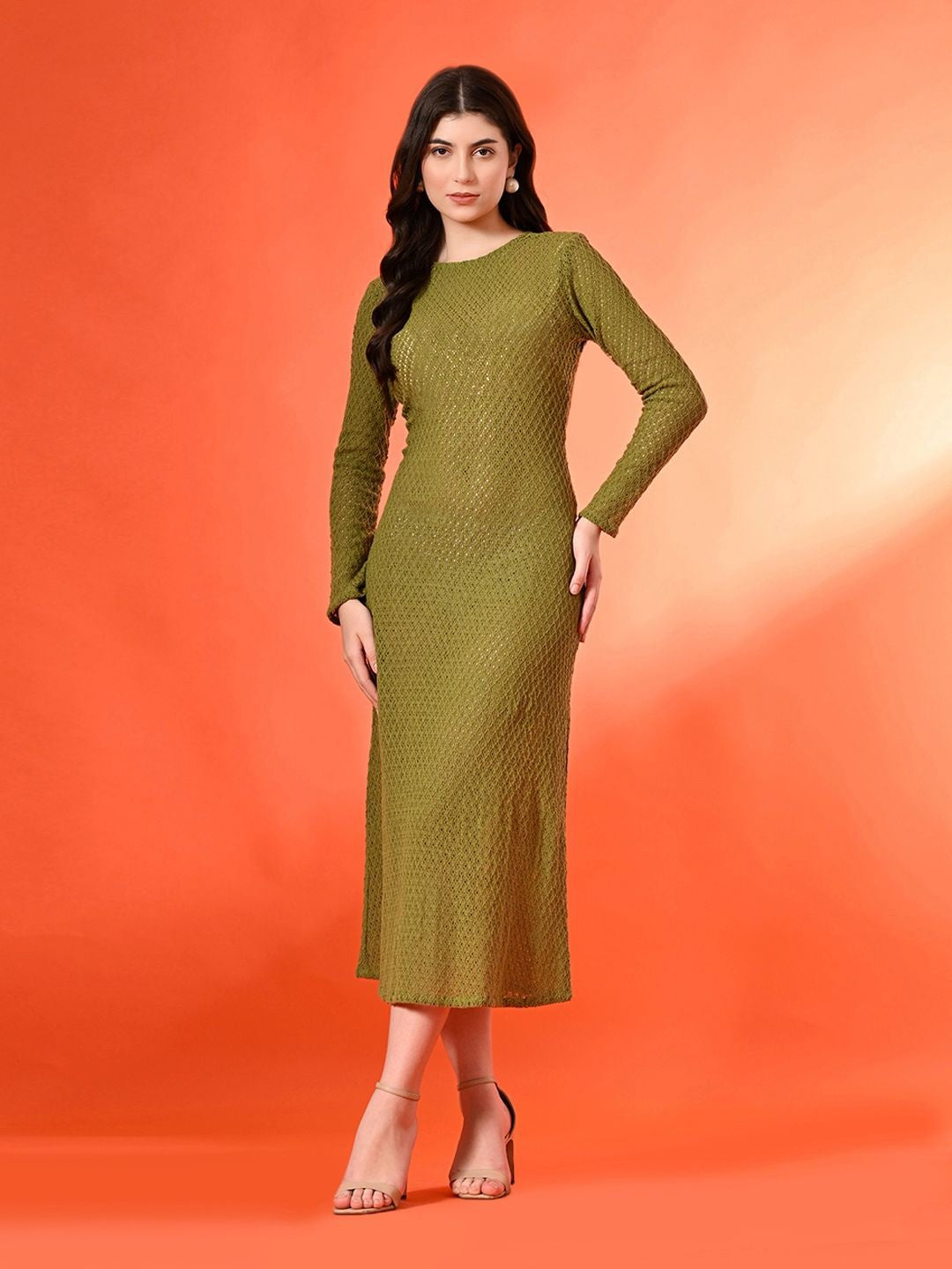 Self Design Cotton Sheath Midi Dress