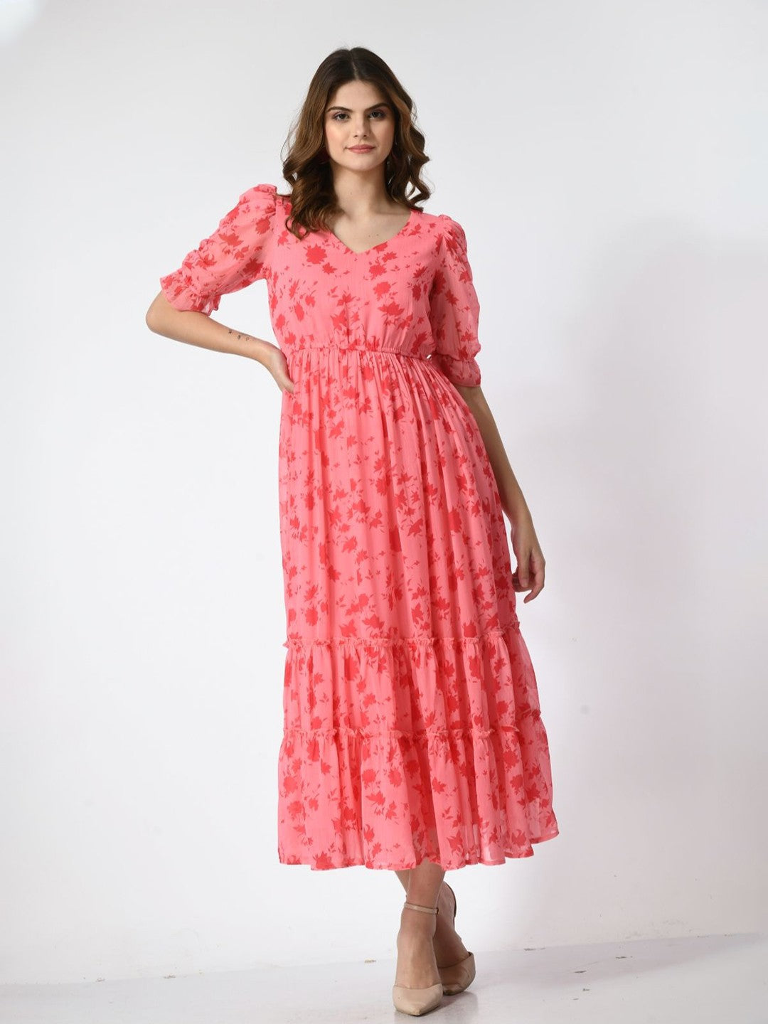 Women Floral Printed Puff Sleeve Empire Midi Dress