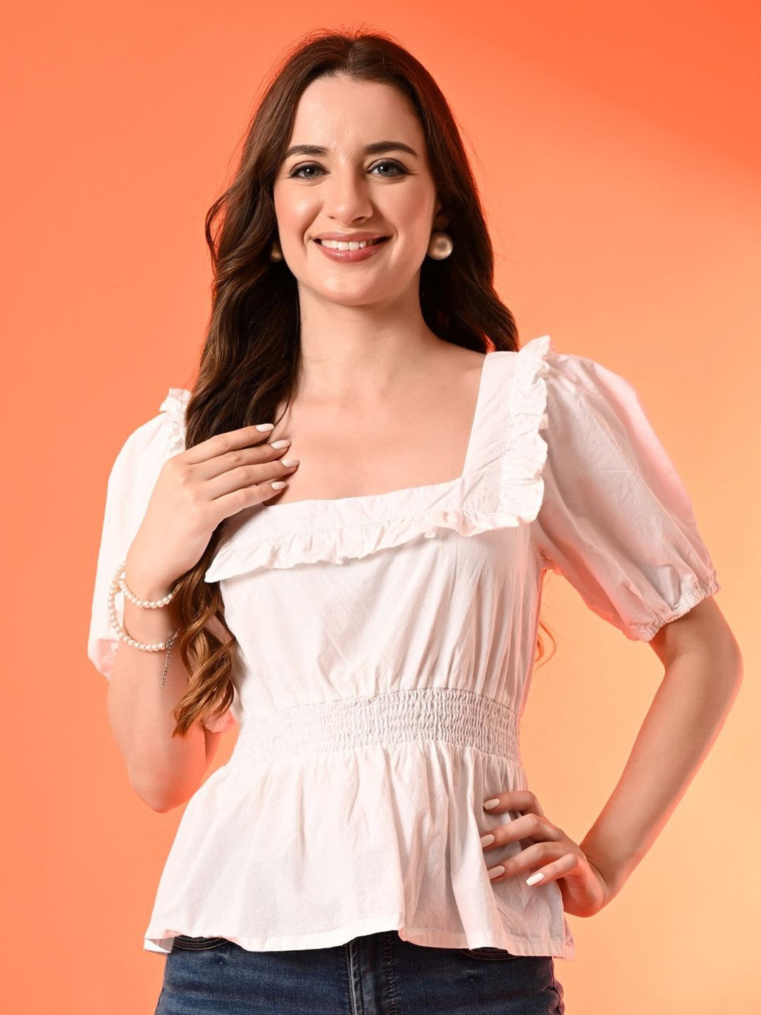 Women Cotton Square Neck Puff Sleeves Peplum Top