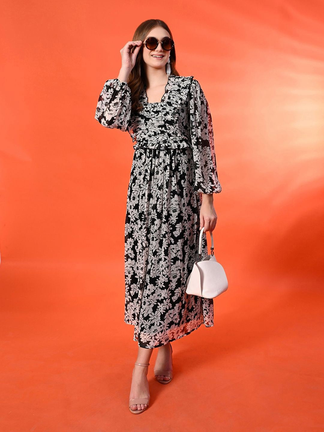 Floral Print Puff Sleeve Maxi Dress