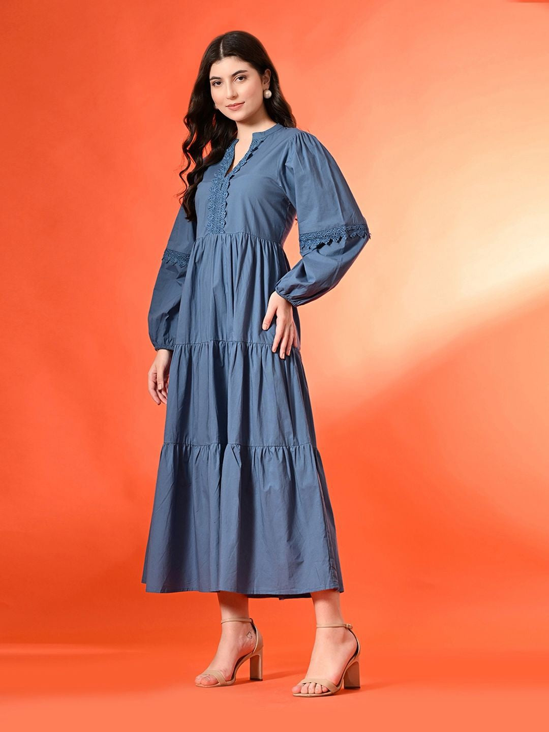 Cotton Lace-Up V-Neck Bishop Sleeves Fit and Flare Tiered Midi Dress