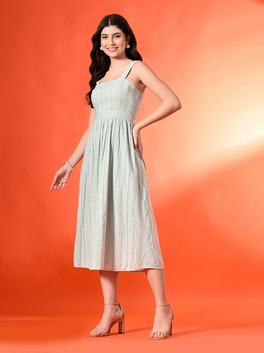 Women Cotton Shoulder Straps Striped Fit & Flare Midi Dress