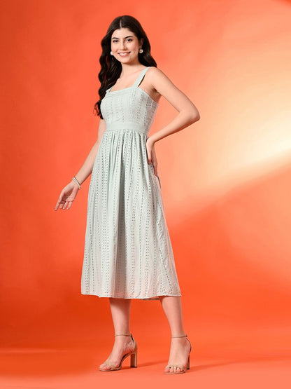 Women Cotton Shoulder Straps Striped Fit & Flare Midi Dress