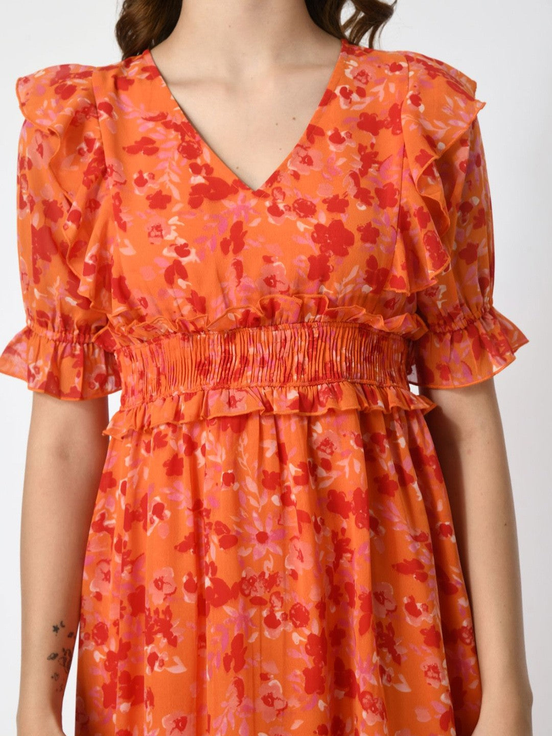Women V-Neck Floral Printed Puff Sleeve Fit & Flare Dress