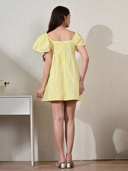 Women Cotton Floral Embroidered Flared Sleeve Empire Casual Dress