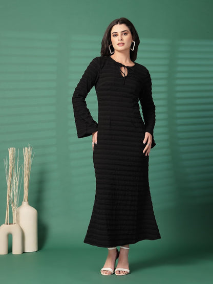 Women Self Design Tie-Up Neck Flared Sleeve Sheath Midi Dress