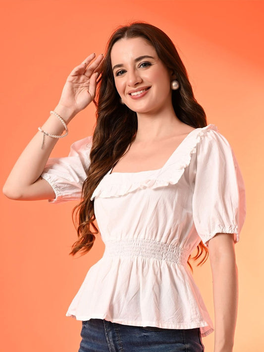 Women Cotton Square Neck Puff Sleeves Peplum Top