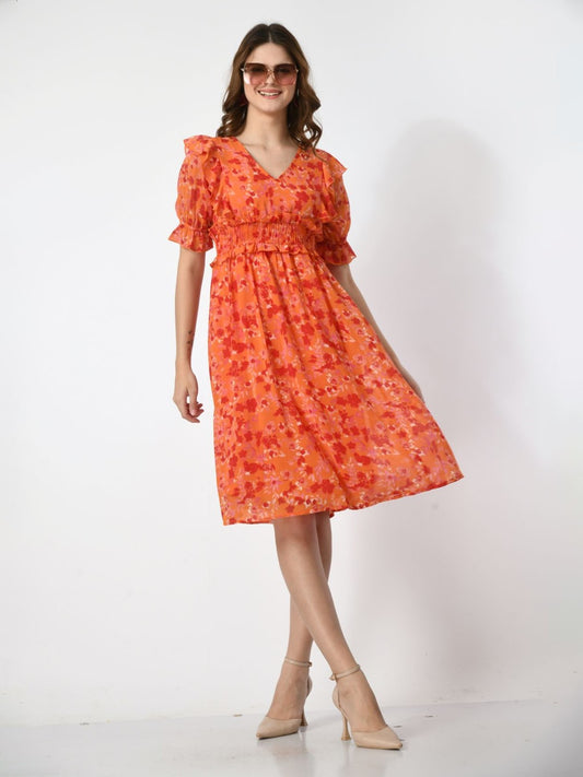 Women V-Neck Floral Printed Puff Sleeve Fit & Flare Dress