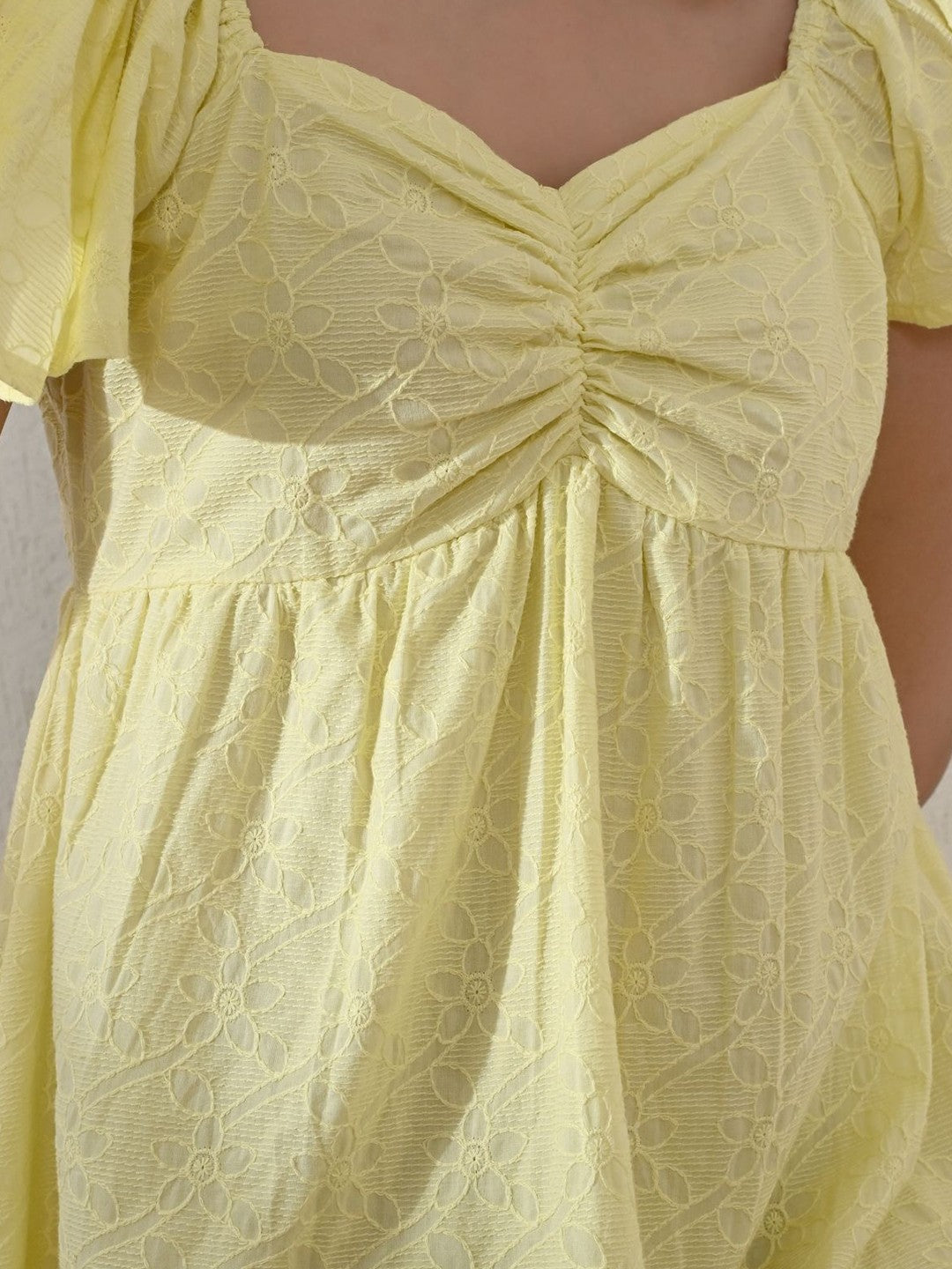 Women Cotton Floral Embroidered Flared Sleeve Empire Casual Dress