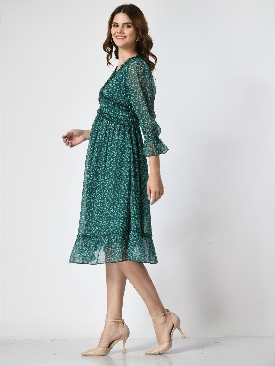 Printed Bell Sleeve Fit & Flare Dress