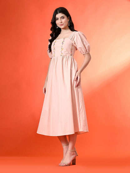 Women Cotton Embroidered Halter Neck Fit & Flare Midi Dress