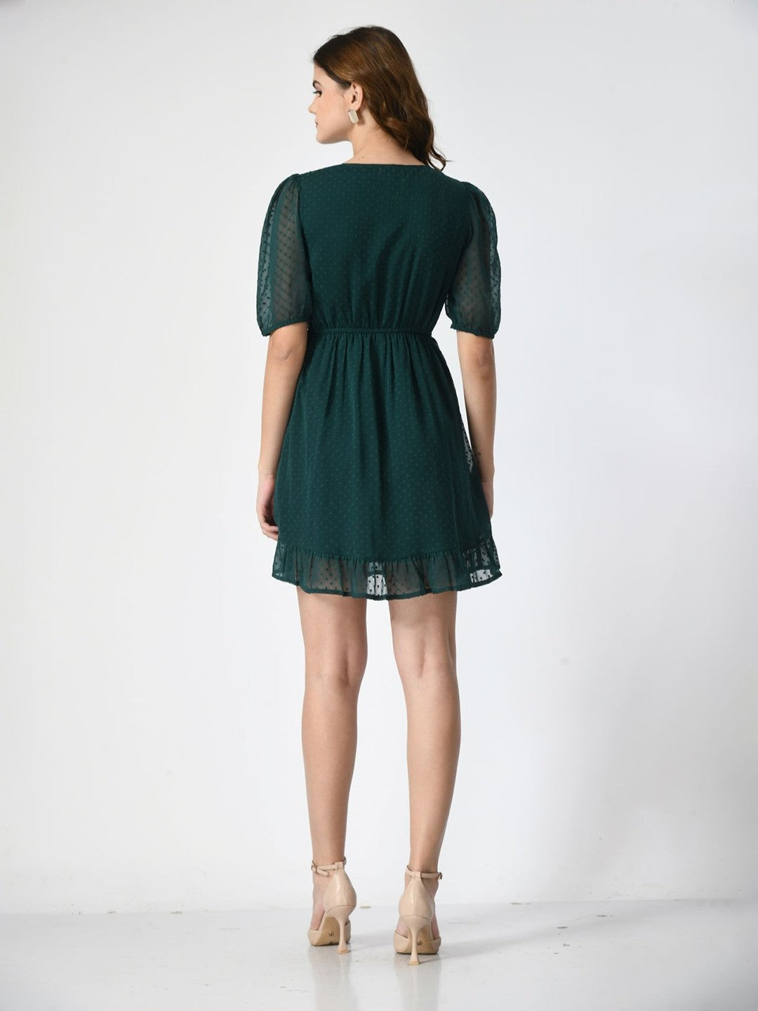 Women V-Neck Puff Sleeve Fit & Flare Dress