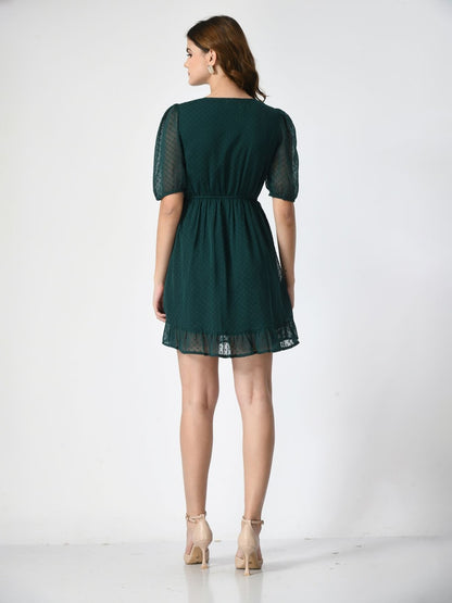 Women V-Neck Puff Sleeve Fit & Flare Dress