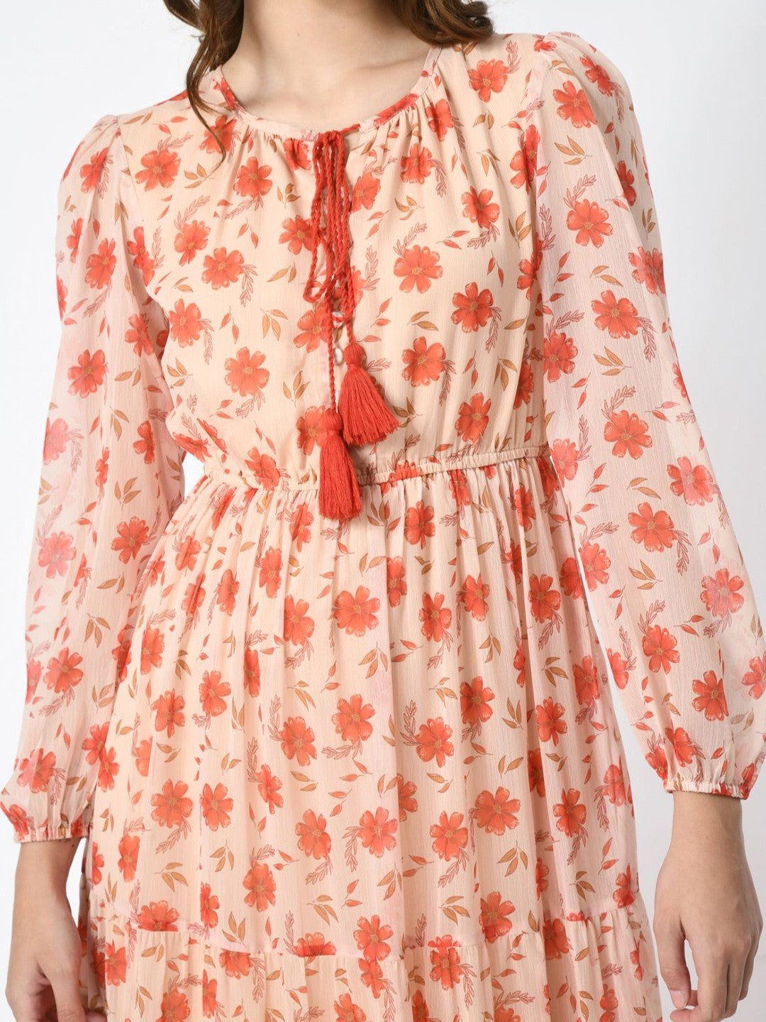 Women Floral Printed Tie-Up Neck Maxi Dress