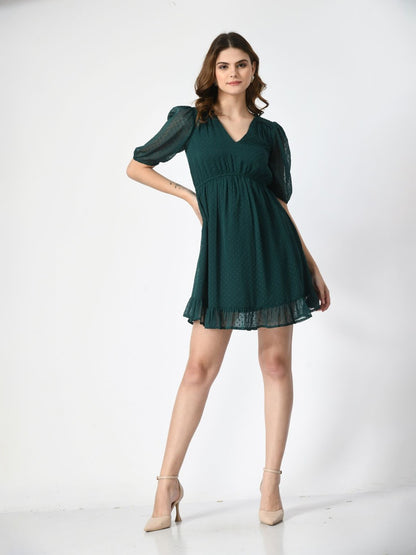 Women V-Neck Puff Sleeve Fit & Flare Dress