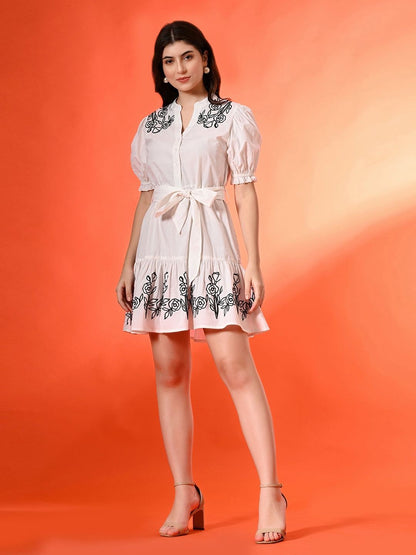 Women Cotton Mandarin Collar Above Knee Shirt Dress