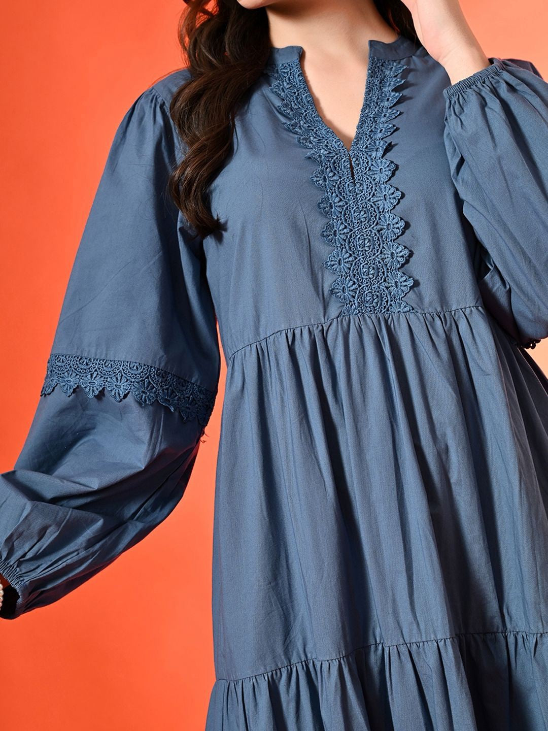 Cotton Lace-Up V-Neck Bishop Sleeves Fit and Flare Tiered Midi Dress