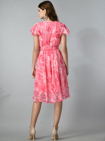 Women Fit & Flare Round Neck Flutter Sleeves Dress