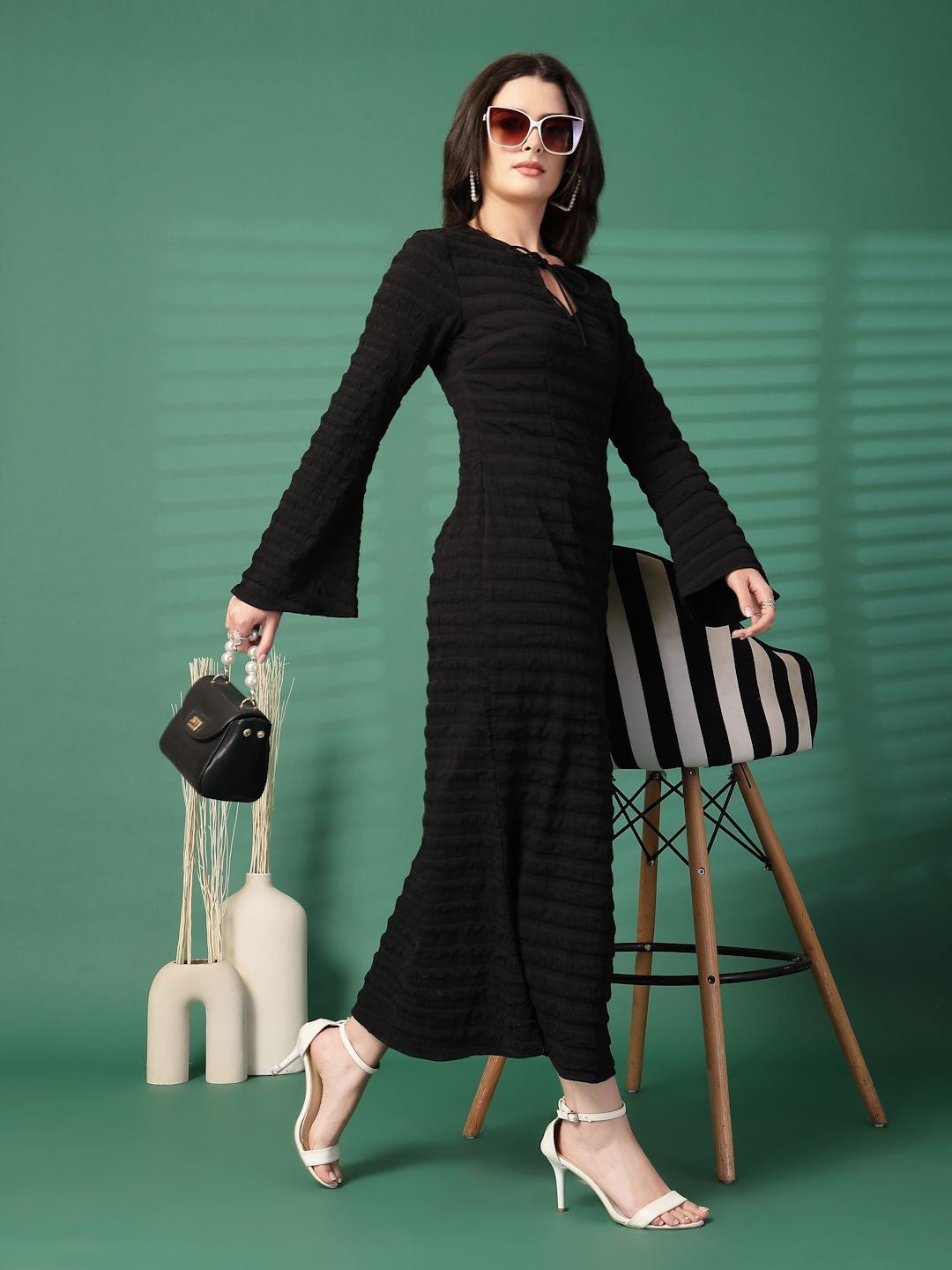 Women Self Design Tie-Up Neck Flared Sleeve Sheath Midi Dress