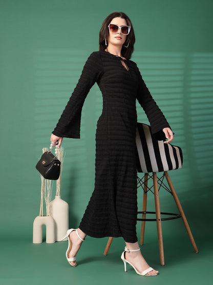 Women Self Design Tie-Up Neck Flared Sleeve Sheath Midi Dress