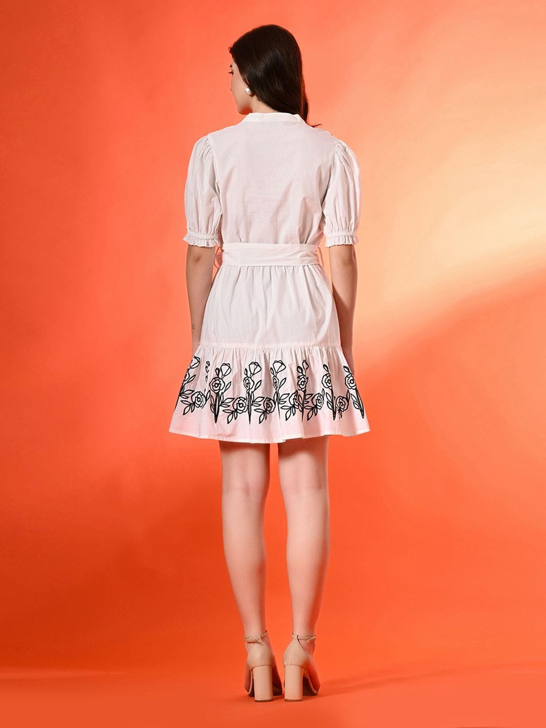 Women Cotton Mandarin Collar Above Knee Shirt Dress